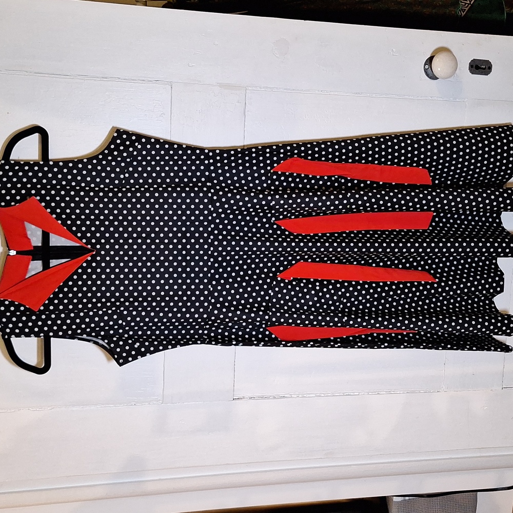 Polka Dot Sleeveless Dress with Red Accents
